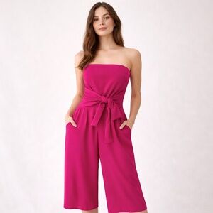 Anthro Maeve Strapless Wide-Leg Cropped Jumpsuit Pockets Magenta Pink Tie bow 4